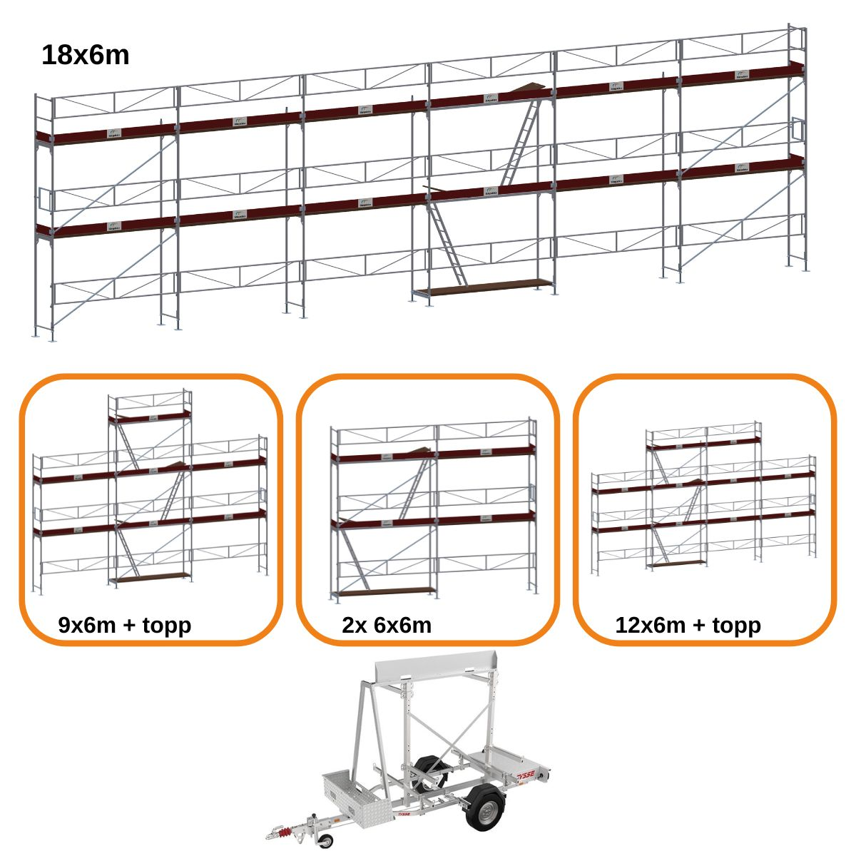 Ställningssläp med 120m² byggställning
